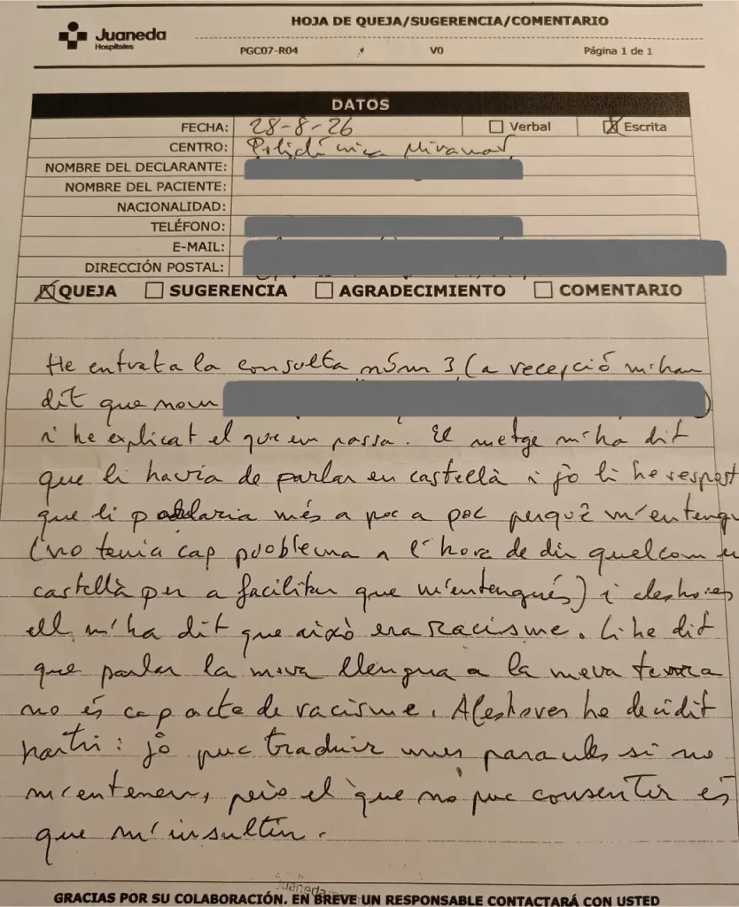 Va a urgències de la policlínica Miramar amb dificultat respiratòria i el metge es nega a atendre’l, li diu «habla castellano» i l’acusa de racista