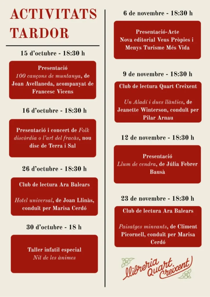 La llibreria Quart Creixent avança l’agenda d’activitats de tardor